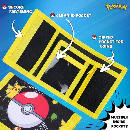 Vista 3 de Pokemon - Cartera triple plegable para niños con compartimento para monedas con cremallera y bolsillo transparente para identificación