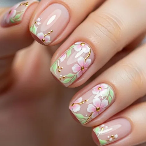 Vista 25 de Uñas postizas a presión con punta francesa verde, uñas postizas cuadradas cortas con diseños de cuentas de flores en 3D, uñas de verano, uñas Verde