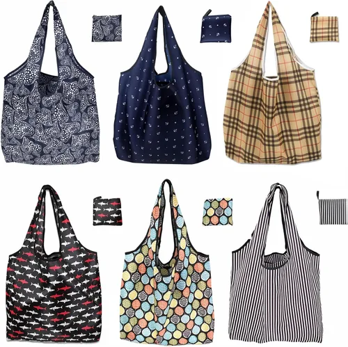 Vista 8 de Paquete de 6 bolsas de comestibles reutilizables resistentes con asas, bolsas de compras reutilizables para mujeres, plegables, lavables
