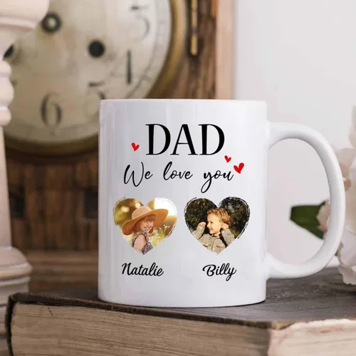 Vista 3 de Marco de fotos personalizado para niños, taza de café de regalo para papá y papá, taza de café blanca con texto en inglés "Dad We Love You", taza