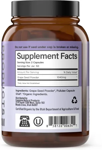 Vista 3 de Cápsulas orgánicas de semillas de uva – 520 mg, 100 unidades – polifenoles y antioxidantes OPC