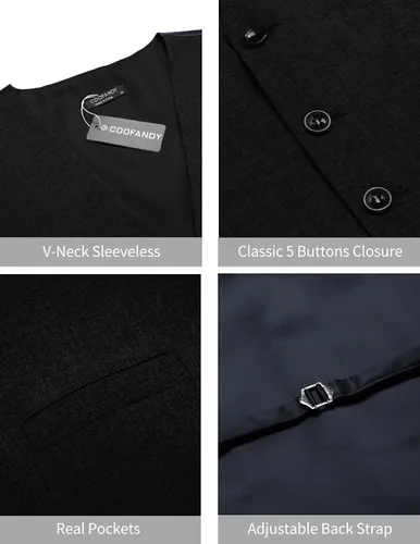 Vista 5 de COOFANDY Chaleco de traje casual para hombre, chaleco formal ajustado para negocios, chaleco de deshierbe