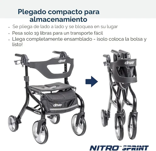 Vista 7 de Drive Medical Nitro Sprint - Andador plegable con asiento, ligero, para estatura estándar, con ruedas grandes, plegable, color negro