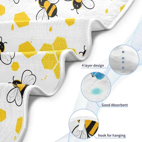 Vista 2 de Honey Bees - Toalla de baño para niños y niñas, color amarillo, abejorro, colmena, con capucha, toallas para recién nacidos, de algodón orgánico