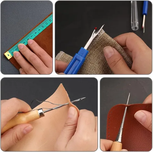 Vista 5 de BUTUZE Kit de reparación de tapicería, kit de costura de cuero, hilo de coser, hilo encerado, agujas de coser a mano resistentes, punzón de costura