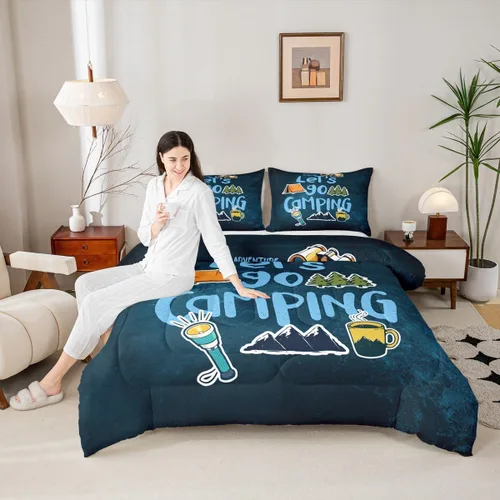 Vista 12 de Juego de ropa de cama con temática de cámper, juego de edredón de cabaña de madera marrón y verde, tamaño matrimonial, 3 piezas, decoración de Multi