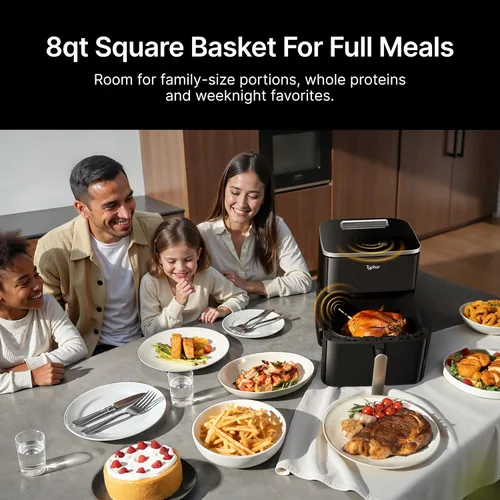 Vista 4 de Typhur Sync 8 QT AI Smart Air Fryer con termómetro inalámbrico integrado Negro+plata+estante de acero inoxidable