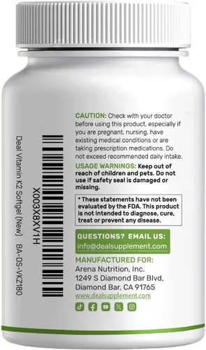 Vista 7 de DEAL SUPPLEMENT Suplemento de vitamina K2 de 600 mcg, 180 cápsulas blandas de aceite de coco Formas MK-7 y MK-4 de alta absorción de espectro