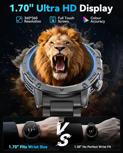Vista 3 de Relojes inteligentes militares para hombres, reloj inteligente de 1.7 pulgadas con batería de 1000 mAh, linterna LED, frecuencia cardíaca, monitor