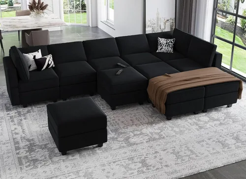 Vista 9 de Belffin Sofá seccional modular con asiento de almacenamiento, sofá grande en forma de U con diván reversible de terciopelo con otomano, color negro