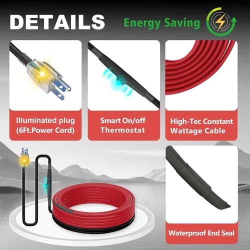 Vista 7 de MAXKOSKO Cable calefactor para tubería de 7 pies para protección contra congelamiento de tuberías de agua, cinta calefactora para tuberías