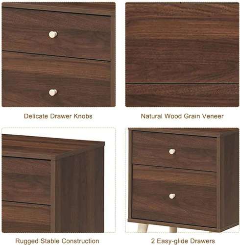 Vista 5 de Giantex Mesita de noche con cajones y patas de madera de goma maciza, gran espacio de almacenamiento para dormitorio, sala de estar, pasillo