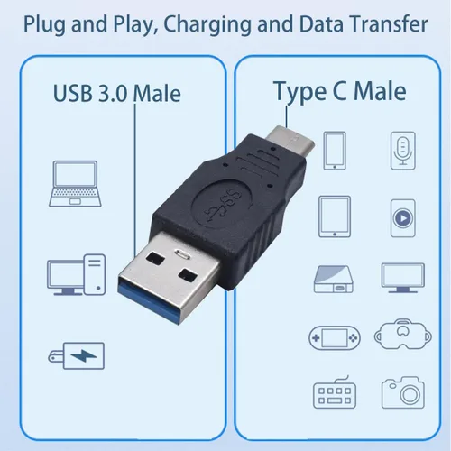 Vista 4 de Adaptador USB 3.0 macho a macho tipo C, convertidor USB A a USB C, datos de soporte y carga para laptop, disco duro, teléfonos móviles