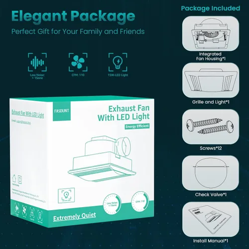Vista 8 de FASDUNT Extractor de baño con luz, ultra silencioso 1.0 Sones, ventilador de ventilación de techo de baño de 110 CFM con combinación de luz LED, se