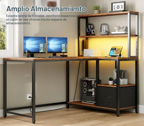 Vista 8 de HOOBRO BF18UDDN01 - Escritorio para juegos en forma de L, escritorio reversible para computadora de 46 pulgadas con luz LED y toma de corriente