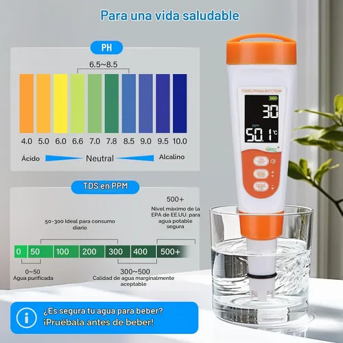 Vista 3 de hygger Probador de sal de piscina y medidor de pH, probador digital de agua de piscina 5 en 1, alta precisión Salinidad PH Temp EC y TDS Kit