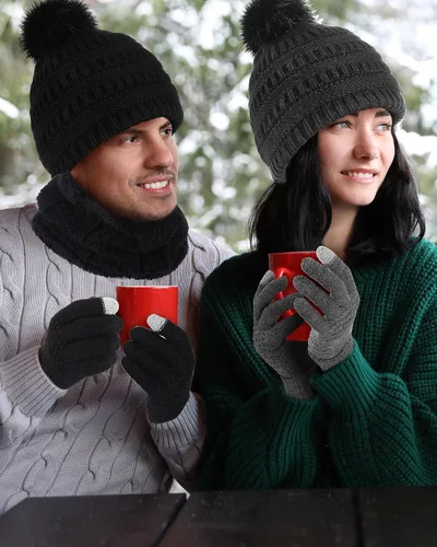 Vista 4 de Tigeen Juego de 8 guantes para pantalla táctil con forro de invierno para hombres y mujeres, guantes para pantalla táctil, bufandas