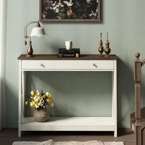 Vista 3 de Mesa consola de madera Treocho Farmhouse con cajón y estantes de almacenamiento, mesa de sofá estrecha para entrada, sala de estar, pasillo