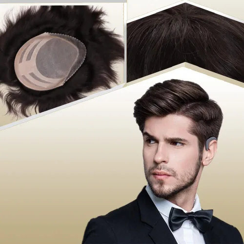 Vista 17 de Sistema de reemplazo de cabello humano para hombre, tupé para hombre, piel fina con parte superior de encaje mono y la parte trasera de poliuretano