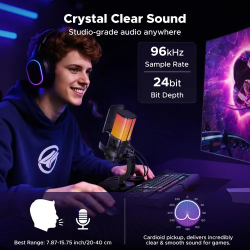 Vista 5 de UGREEN Micrófono USB para juegos para transmisión y chat de voz, micrófono de condensador de 24 bits/96 kHz con silencio rápido, monitoreo