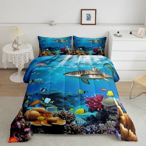 Vista 55 de Feelyou Juego de ropa de cama de sirena suave para niños y niñas, juego de edredón de escamas de peces oceánicos, tamaño individual, edredón