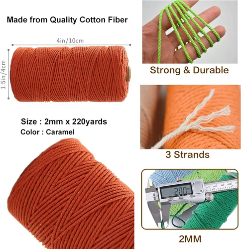 Vista 2 de Cordón de macramé de 0.079 pulgadas x 220 yardas, color caramelo, cuerda de macramé de algodón natural, 4 hebras trenzadas para colgar en la pared