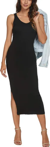 Vista 5 de CMZ2005 Vestido sin mangas con cuello redondo para mujer, vestido largo con abertura lateral, vestido largo casual de punto acanalado, vestido