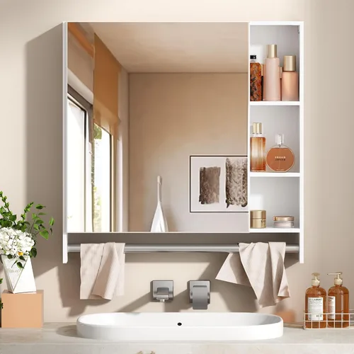 Vista 2 de SDHYL Botiquines para baño, 27.5 pulgadas cuadrado montado en la pared con 1 puerta de baño botiquín con espejo, estante de almacenamiento de espejo