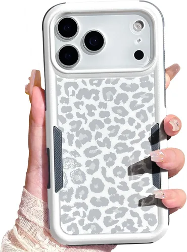 Vista 10 de Funda magnética para iPhone 17 Pro, compatible con Magsafe, lindo estampado de leopardo blanco guepardo, resistente, resistente, protección