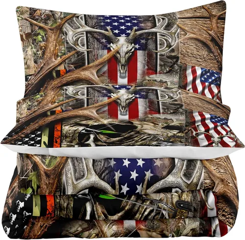 Vista 3 de Tailor Shop - Juego de edredón con bandera americana para niños y adolescentes, jungla, aventura occidental, caza, cráneo de madera, ciervo, juego