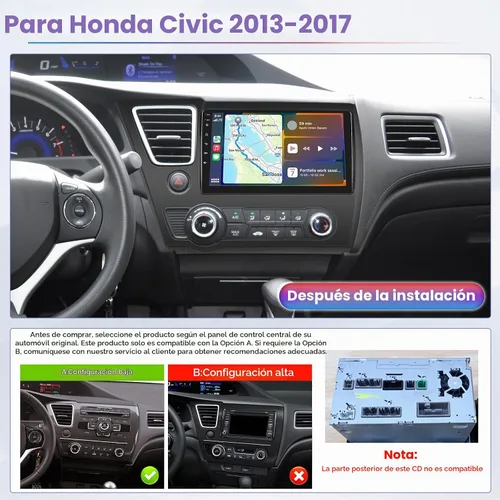 Vista 2 de [2+64 GB] Hikity para Honda Civic 2013-2017 Android estéreo de coche con Apple Carplay Android Auto, pantalla táctil de 9 pulgadas, radio de coche