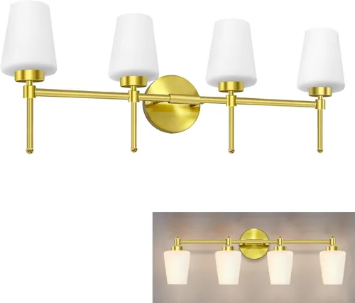 Vista 10 de Lámpara de baño de latón cepillado, 3 luces de 24 pulgadas, aplique de pared moderno con pantalla de vidrio para sobre el espejo, clasificación