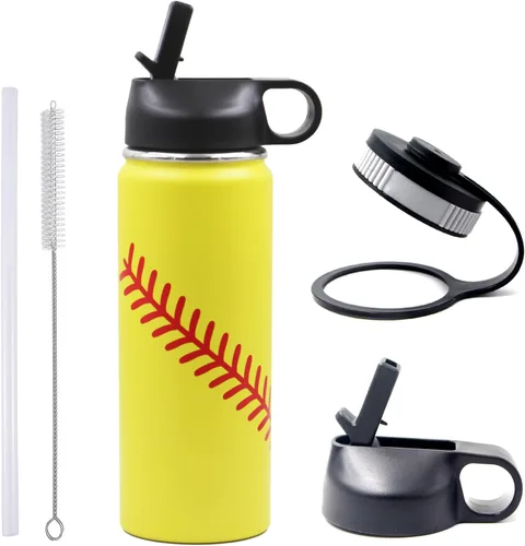 Vista 21 de Botella de agua de béisbol de 18 onzas, botella deportiva de boca ancha, vaso de viaje de metal con 2 tapas, botellas de agua aisladas al vacío