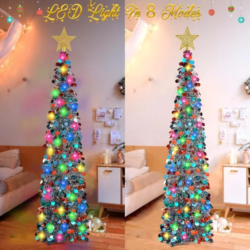 Vista 2 de RACPNEL Árbol de Navidad de oropel desplegable de 5 pies con luces LED, lentejuelas, adorno de árbol, árbol de Navidad plegable artificial