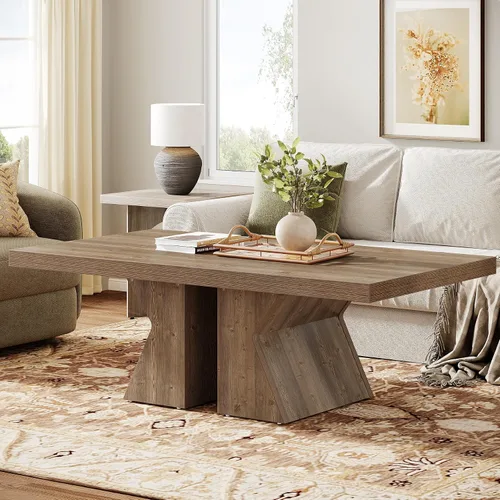 Vista 7 de Tribesigns Mesa de centro de madera, mesa central rectangular de 47 pulgadas con base de madera gruesa, mesa de cóctel con aspecto de madera