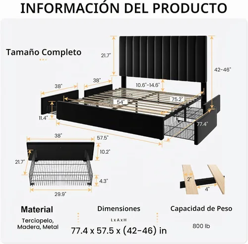 Vista 2 de SHA CERLIN Base de cama de plataforma tamaño matrimonial con 4 cajones de almacenamiento, cabecera acolchada vertical con diseño acanalado