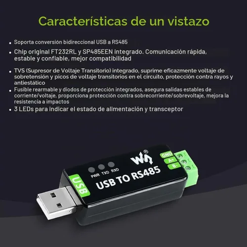 Vista 4 de Waveshare Convertidor USB a RS485 con circuitos de protección, compatible con televisores