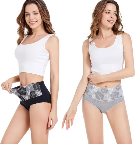 Vista 3 de HAVVIS - Ropa interior de cintura alta y de algodón para mujer, que disimula la barriga, jacquard con rosas, paquete múltiple
