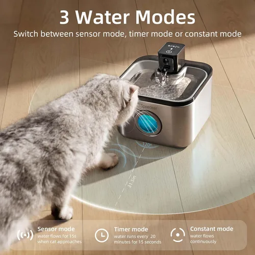 Vista 4 de Fuente de agua inalámbrica para gatos de acero inoxidable, fuente para mascotas de 135 oz/4 L, funciona con pilas, dispensador de agua corriente