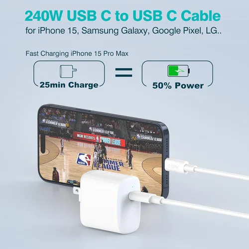 Vista 4 de Cable USB C a USB C de 240 W de 6.6 pies, cable de carga USB-C tipo C de carga rápida para MacBook Pro MacBook Air Charger, iPad Pro 13 12.9 11