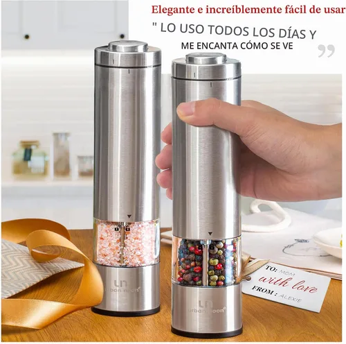Vista 8 de Juego de molinillos eléctricos de sal y pimienta - Molino de acero inoxidable operado por batería con luz (2 molinos) - Operación automática con una