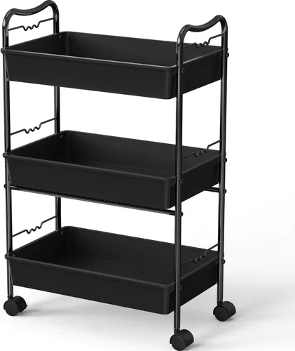 Vista 4 de Deco Brothers Carrito utilitario de almacenamiento de metal de 3 niveles con ruedas, negro