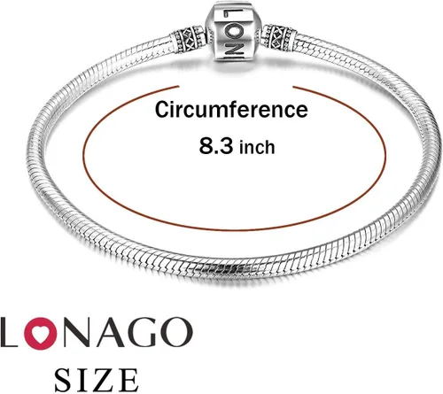 Vista 2 de LONAGO - Pulsera de plata de ley 925 con dije y cierre de barril y cadena de serpiente, compatible con dijes Pandora, regalo de cumpleaños para mujer