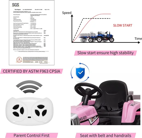 Vista 5 de Tractor eléctrico Nasitip de 12 V con remolque y control remoto Rosa