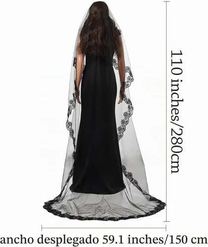 Vista 3 de Acenail Black Lace Veil Brides Wedding Veils Long Cathedral Veil with Comb Mourning Funeral Corpse Halloween Costume Veils Negro 110