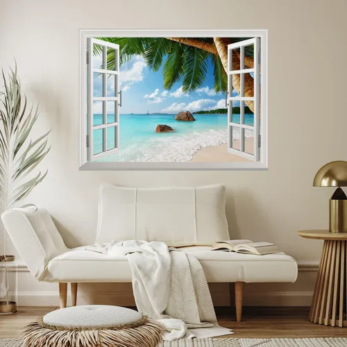 Vista 3 de wall26 Vinilo mural de pared extraíble – ANSE Lazio Beach en la isla Praslin en Seychelles - Decoración de pared creativa de ventana – 24 x 32