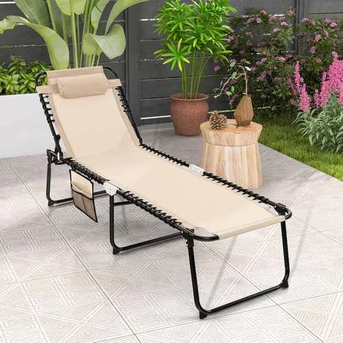 Vista 9 de Goplus Tumbona para exteriores, silla plegable de 5 posiciones para playa, con almohada desmontable, bolsillo lateral, tumbona para tomar el sol