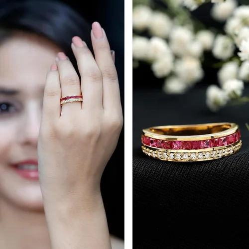 Vista 2 de Anillo de media eternidad de diamantes y rubí de 1.25 quilates para mujer Calidad AAA