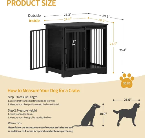 Vista 3 de Hzuaneri Mueble de jaula para perros de 27.2 pulgadas con puerta de granero, perrera resistente para interiores con 2 puertas, mesa auxiliar jaula