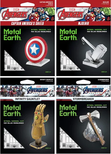 Vista 2 de Metal Earth Fascinations - Juego de 4 modelos de metal 3D Marvel Avengers - Guantelete infinito - Stormbreaker - Thor Hammer - Escudo de América